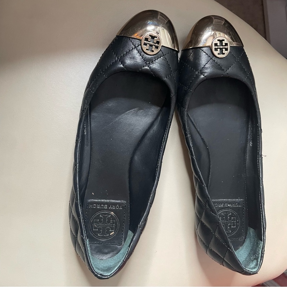 Tory Burch Black Quilted Ballet Flats with Gold Accents
